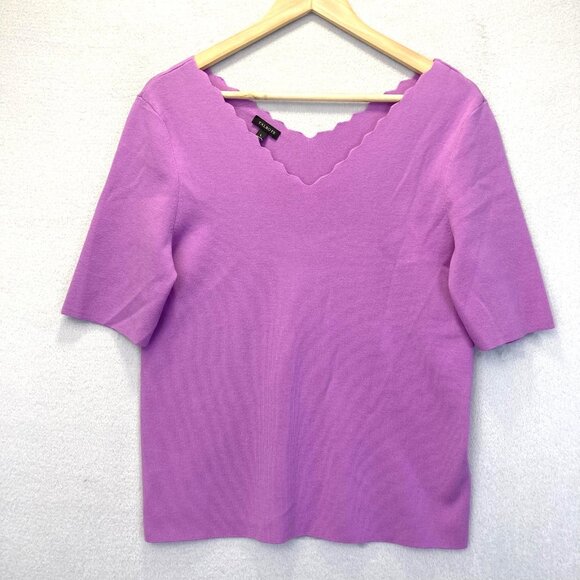Talbots Scalloped 1/2 Sleeve Sweater Womens Large Purple V-Neck Stretch Knit Top - Picture 1 of 11